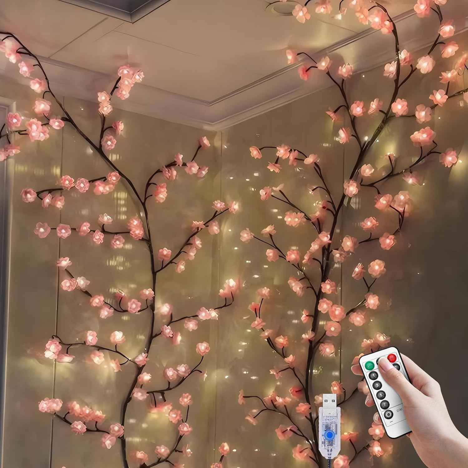 Cherry LED Tree Lights - 48 LED Cherry Blossom Branch Fairy Lights with Remote, 8 Lighting Modes for Indoor Christmas Decor on Wall, Door, and Window