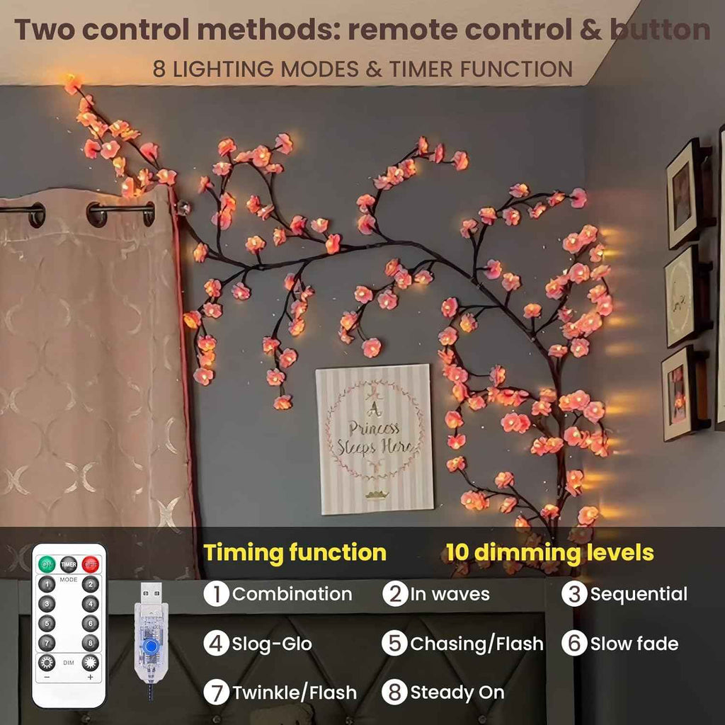 Cherry LED Tree Lights - 48 LED Cherry Blossom Branch Fairy Lights with Remote, 8 Lighting Modes for Indoor Christmas Decor on Wall, Door, and Window