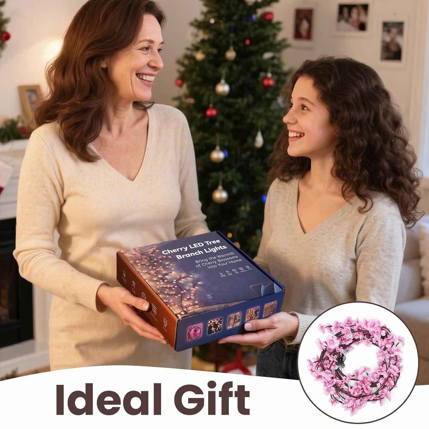 Cherry LED Tree Lights - 48 LED Cherry Blossom Branch Fairy Lights with Remote, 8 Lighting Modes for Indoor Christmas Decor on Wall, Door, and Window